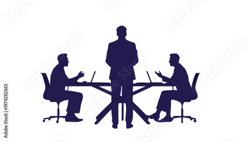 Business professionals silhouettes engage in a focused meeting, with one presenter addressing two colleagues.