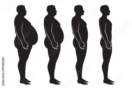 Weight loss transformation silhouette, male body evolution from obese to slim, fitness progress stages vector, health and diet concept