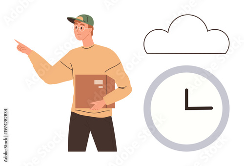 Time management, logistics, package delivery, cloud storage, digital scheduling, courier services. A delivery worker points with package. Time management and logistics concept