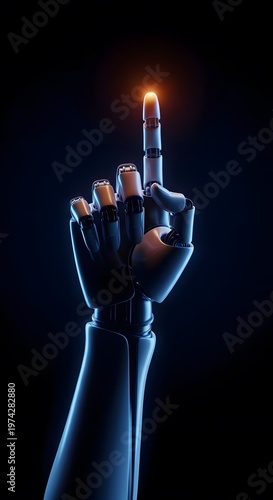 Futuristic robotic hand pointing up with glowing fingertip