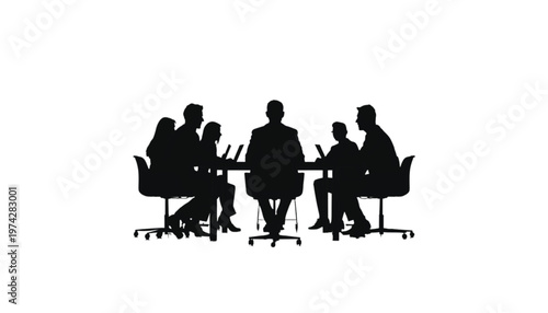 Business professionals sit around a conference table with laptops, actively participating in a corporate.