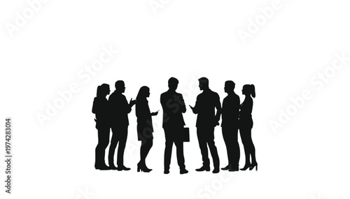 Eight business people silhouettes stand together, actively engaging in a group discussion on a white.