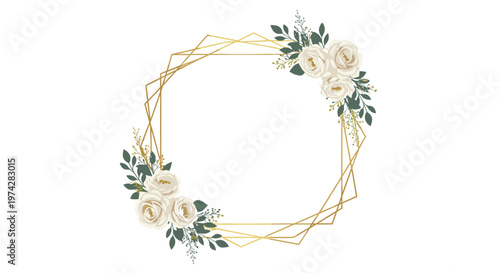 Elegant geometric gold frame decorated with soft white roses and dark green foliage on a clean white background.