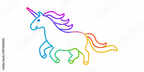 Colorful outline of a unicorn running with a rainbow mane and tail