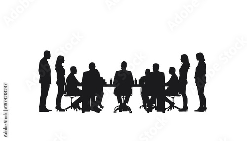 Corporate business group silhouettes gather around a long conference table, engaged in a formal meeting.