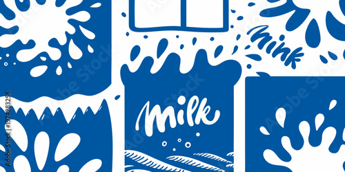 Blue and white illustration featuring milk splashes and a carton