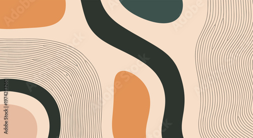 Abstract composition of bold organic shapes and textured wavy lines in a palette of navy orange and peach tones.