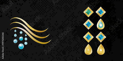 Golden and blue gem designs on a dark textured background