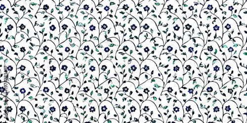 Delicate floral pattern with small blue flowers and thin green stems