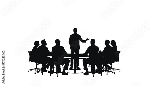 A leader silhouette stands at the head of a conference table, addressing seated businesspeople.