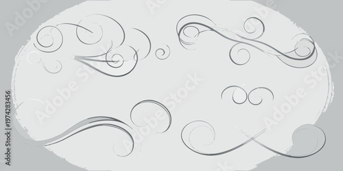 Elegant swirls and decorative flourishes form a circular grayscale design