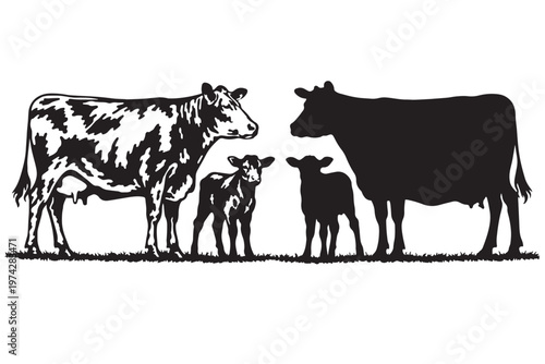Vintage cow and calf silhouettes, rustic farm animal family vector, black and white cattle woodcut illustration for dairy and beef branding