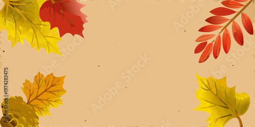 Autumnal leaves frame a neutral tan background creating a seasonal border