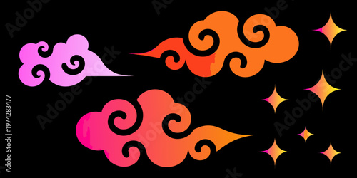 Stylized clouds with vibrant gradients and sparkling diamond shapes