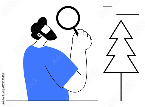Environmental research, study, observation, nature exploration, learning, ecological analysis. A man holds a magnifying glass near a tree. Environmental research and study visualization