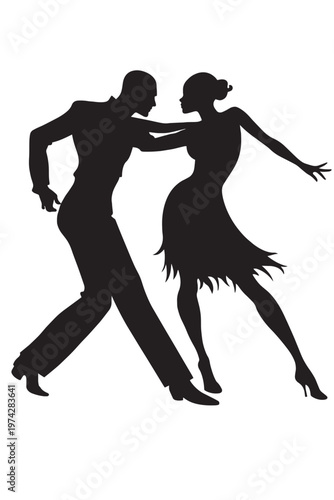 Ballroom dancing couple silhouette, elegant man and woman performing latin dance, professional dancers in expressive pose, black vector illustration