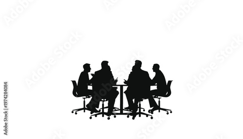 Business people are seated in a circular meeting, engaged in conversation around a central table with chairs.