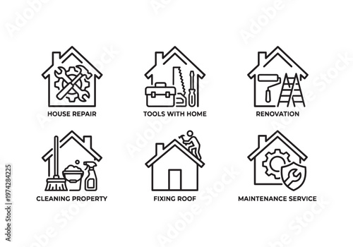 Collection of six modern line art icons representing various home services including house repair, tools with home, renovation, cleaning property, fixing roof,