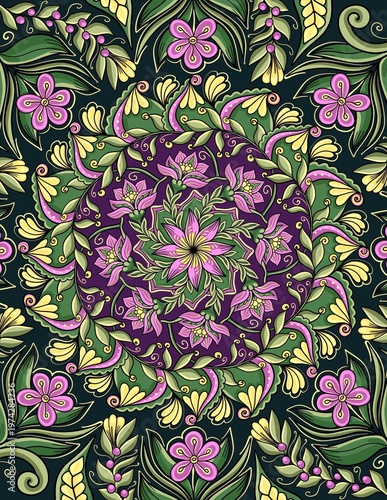 Floral mandala illustration, ornamental botanical design, decorative ethnic artwork, vintage style detailed mandala with flowers and leaves