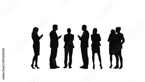 Diverse group of business professionals stand silhouetted against a white background while using smartphones.