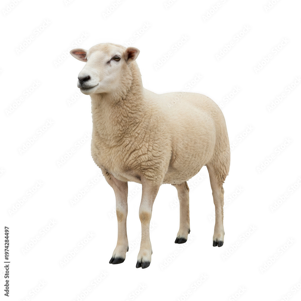 Fototapeta premium Full body view of a standing white sheep isolated on a transparent background