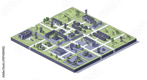 Isometric 3D illustration showcasing a detailed military headquarters with various barracks, a shipyard, and a warship dock, set against a clean white background, creating a strategic