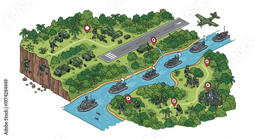 Isometric illustration depicting a detailed military base and shipyard, showcasing strategic planning with tanks, ships, and aircraft positioned along a river and runway, set