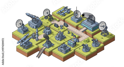 Isometric 3D illustration depicting a detailed military base, complete with radar installations, missile launchers, and garrison buildings arranged on a grid of grassy platforms