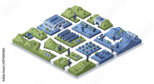 Isometric 3D vector illustration showcases a detailed army base strategy map, displaying military logistics and planning across various zones, including a shipyard and warship dock, all