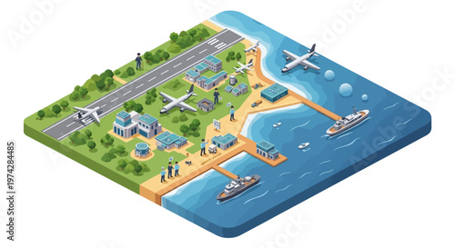 Isometric vector illustration showing a detailed military base with an army camp, naval port including a warship dock, a shipyard, and an airstrip with planes, all visualized