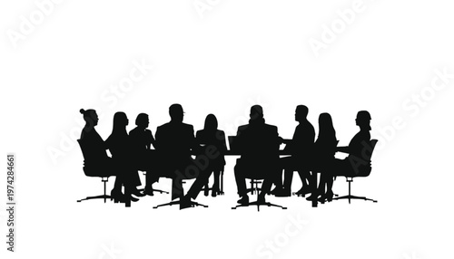 Diverse group of business people in silhouette attend a meeting around a large table.