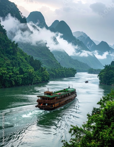 A scenic river cruise winds through the misty, verdant karst mountains of Guilin, China, showcasing the region's breathtaking natural beauty.