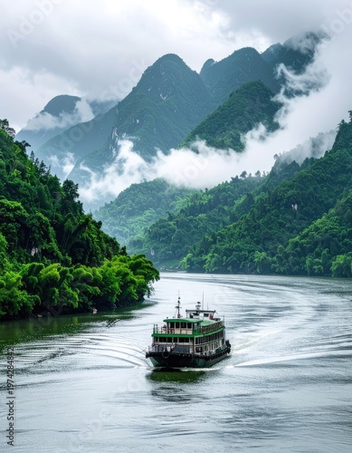 A scenic river winds through lush, green mountains shrouded in mist, with a passenger boat gracefully navigating the waterway.