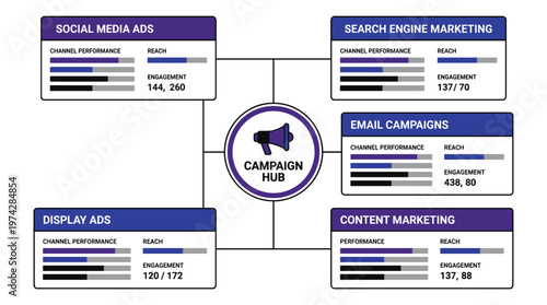 A campaign hub with various digital marketing channels