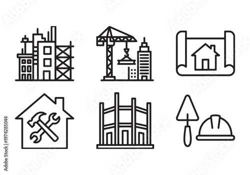 Construction Icons Set: Building Development, Architecture, Engineering, and Renovation Tools Collection for Industry Projects and Urban Planning Concepts Construction Icons Set: Building