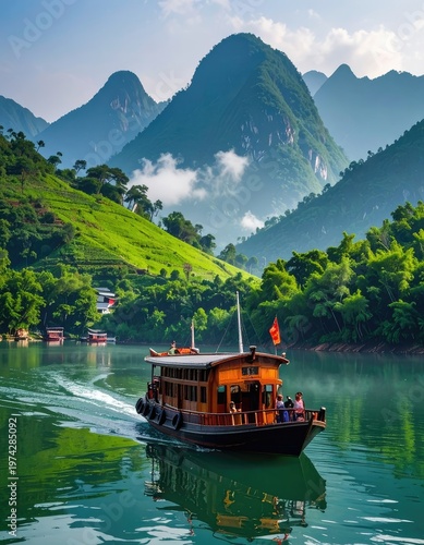 A scenic view of a traditional wooden boat cruising along a tranquil river surrounded by lush green mountains and vibrant vegetation in a picturesque landscape.