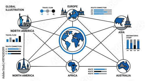 Global travel connections and route network illustration