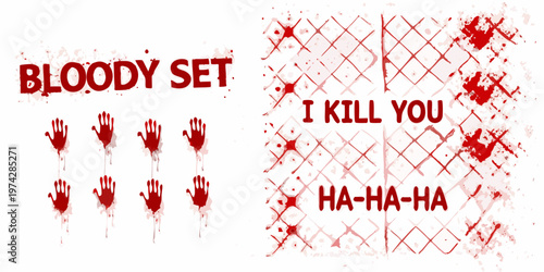 Bloody text and handprints against a textured background silhouette