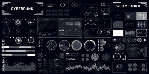 Cyberpunk system interface with complex data displays and a hacked silhouette