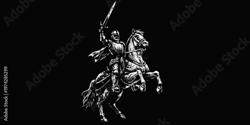 A knight on horseback raises his sword in a dramatic silhouette
