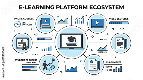 E-learning platform ecosystem with various online courses and student progress tracking