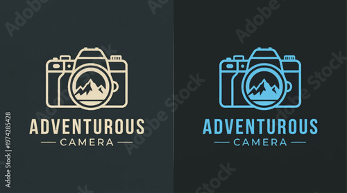 Minimalist Mountain Camera Logo Design for Adventure & Outdoor Travel Photography (Two Color Palette)