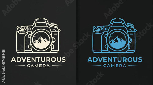 Minimalist Mountain Camera Logo Design for Adventure & Outdoor Travel Photography (Two Color Palette)