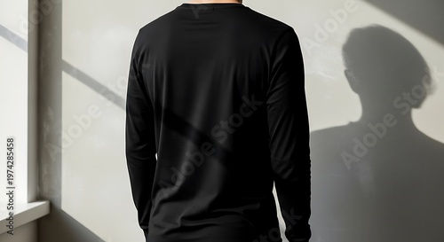 Back view of a person wearing a blank black long-sleeve t-shirt in a naturally lit room, perfect for showcasing minimalist casual fashion and apparel designs