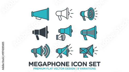 Set of 9 Flat Megaphone and Bullhorn Icons for Marketing, Communication, and Announcement Vector Design