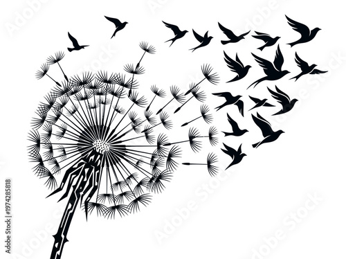 Dandelion Seeds Transforming into Flying Birds Silhouette, Symbolic Illustration of Freedom and Transformation, Minimalist Black and White Nature Vector Art