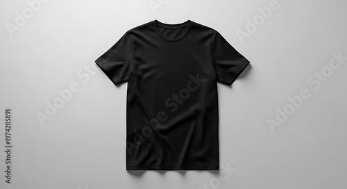 A plain black t-shirt displayed on a seamless white backdrop, ideal for design mockups and fashion showcases