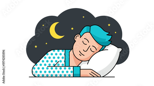 Man Sleeping Peacefully at Night Illustration with Moon and Stars Background