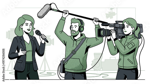 Modern Flat Vector Illustration of a Professional TV News or Film Crew in a Production Studio with a Reporter, Camera Operator, and Sound Engineer