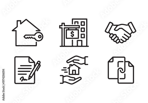 Real Estate Icons Set: House Key, Building for Sale, Handshake, Contract Signing, Home Transfer, and Document Stack Representing Property Transactions and Business
